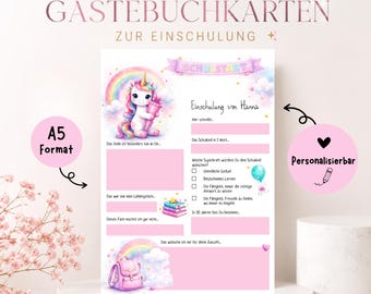 Cartes personnalisées pour le livre d'or de la rentrée scolaire - Licorne A5 - Cartes avec noms - Différents formats disponibles - Papier 200 ou 300 g