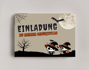 Carte d'invitation Halloween pour l'anniversaire d'un enfant - imprimée avec amour, design adapté aux enfants, espace pour l'auto-inscription.
