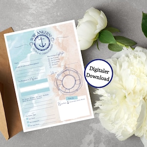 Maritime Gästebuchkarten,  personalisiert mit Fragen zum Ausfüllen für die Hochzeit, Drucke sie so oft Du möchtest