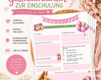 Cartes de livre d'or personnalisées pour la rentrée scolaire des filles, motif cheval | Souvenir de rentrée | Décoration rose pour la rentrée, format A5 - Personnalisées avec le nom