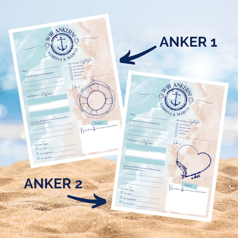 May include: Two nautical-themed wedding planning sheets with the text "WIR ANKERN! SABRINA & MARCO". The sheets have a blue and tan watercolor background and include fill-in-the-blank sections for wedding details and advice.