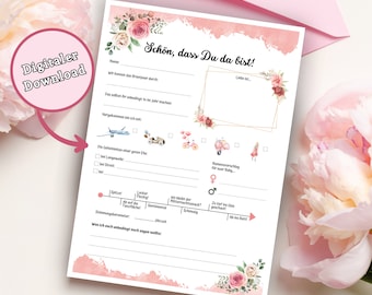 Download: Flowery guest book cards with questions to fill out for the wedding