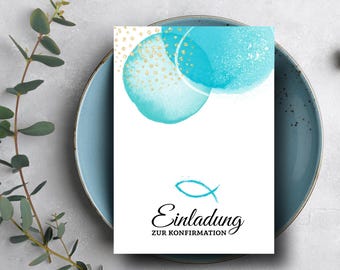 Invitation for Confirmation | Communion, Youth Dedication, Baptism | Personalized A5 Folded Card | Watercolor Design, Blue and Gold