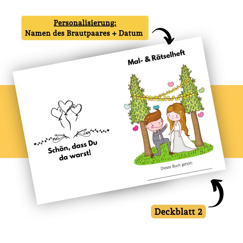 May include: A white wedding-themed coloring and activity book with a cartoon illustration of a bride and groom under a floral arch. The text on the cover reads "Mal- & R&auml;tselheft" and "Dieses Buch geh&ouml;rt:".