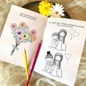 May include: A coloring book page with two illustrations. The first illustration is a bouquet of flowers with the text "Der Brautstrauss Male den Strauss bunt an". The second illustration is a bride and groom with the text "Es haben sich Fehler eingeschlichen Finde die Unterschiede".