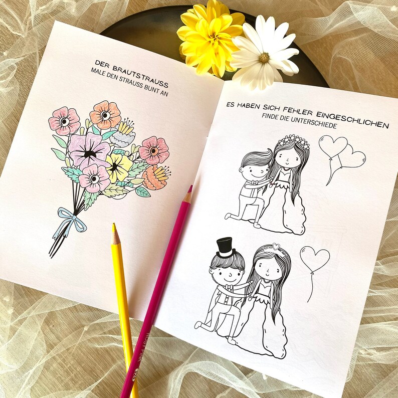 May include: A coloring book page with two illustrations. The first illustration is a bouquet of flowers with the text "Der Brautstrauss Male den Strauss bunt an". The second illustration is a bride and groom with the text "Es haben sich Fehler eingeschlichen Finde die Unterschiede".