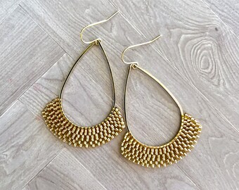 Woven Gold Beaded Earrings on 18K Gold Plated Teardrop - 5.5 cm long (approx. 2 in.) - Miyuki Japanese Glass Delica Beads