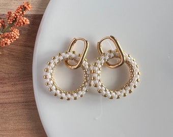 Rectangle Oval 18K gold plated Huggie Hoop Earrings with Detachable Beaded Circle - Gold, Cream Colored Beads - approx. 3 cm long (1 in.)