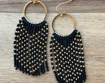 Matte Black and Gold Seed Bead Dangle Fringe Earrings on Gold Plated Hoop - approx. 7.5 cm long (3 in.) - Miyuki Japanese Glass Delica Beads