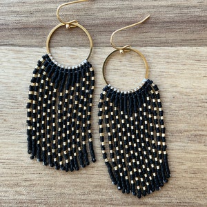 Matte Black and Gold Seed Bead Dangle Fringe Earrings on Gold Plated ...