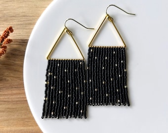 Black and Gold Seed Bead Dangle Fringe Earrings on Gold Plated Triangle Form - approx. 2.75 in. long - Miyuki Japanese Glass Delica Beads
