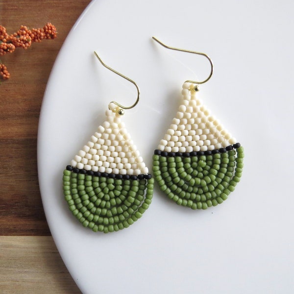 Matte Off-White, Honeydew Green, Black Seed Bead Dangle Earrings - approx. 4.5 cm long (1.75 in.)