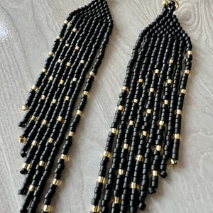 Matte Black and Gold Seed Bead Angled Dangle Fringe Earrings - 9 Cm ...