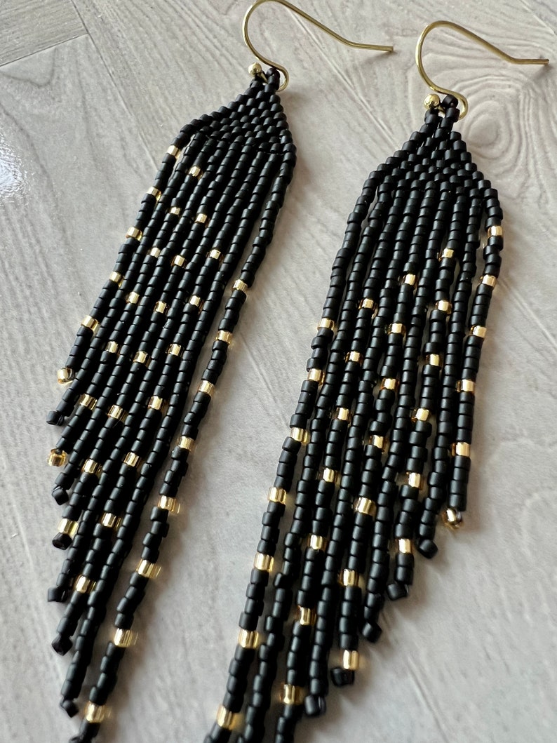 Matte Black and Gold Seed Bead Angled Dangle Fringe Earrings - 9 Cm ...