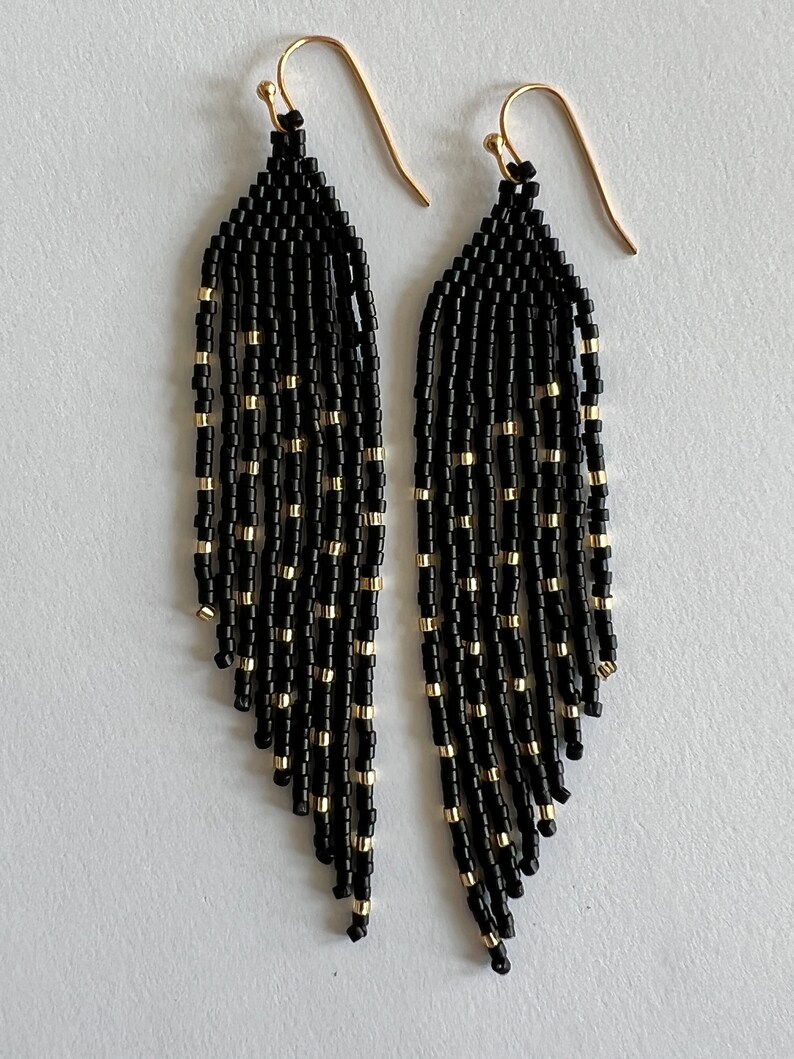 Matte Black and Gold Seed Bead Angled Dangle Fringe Earrings - Etsy