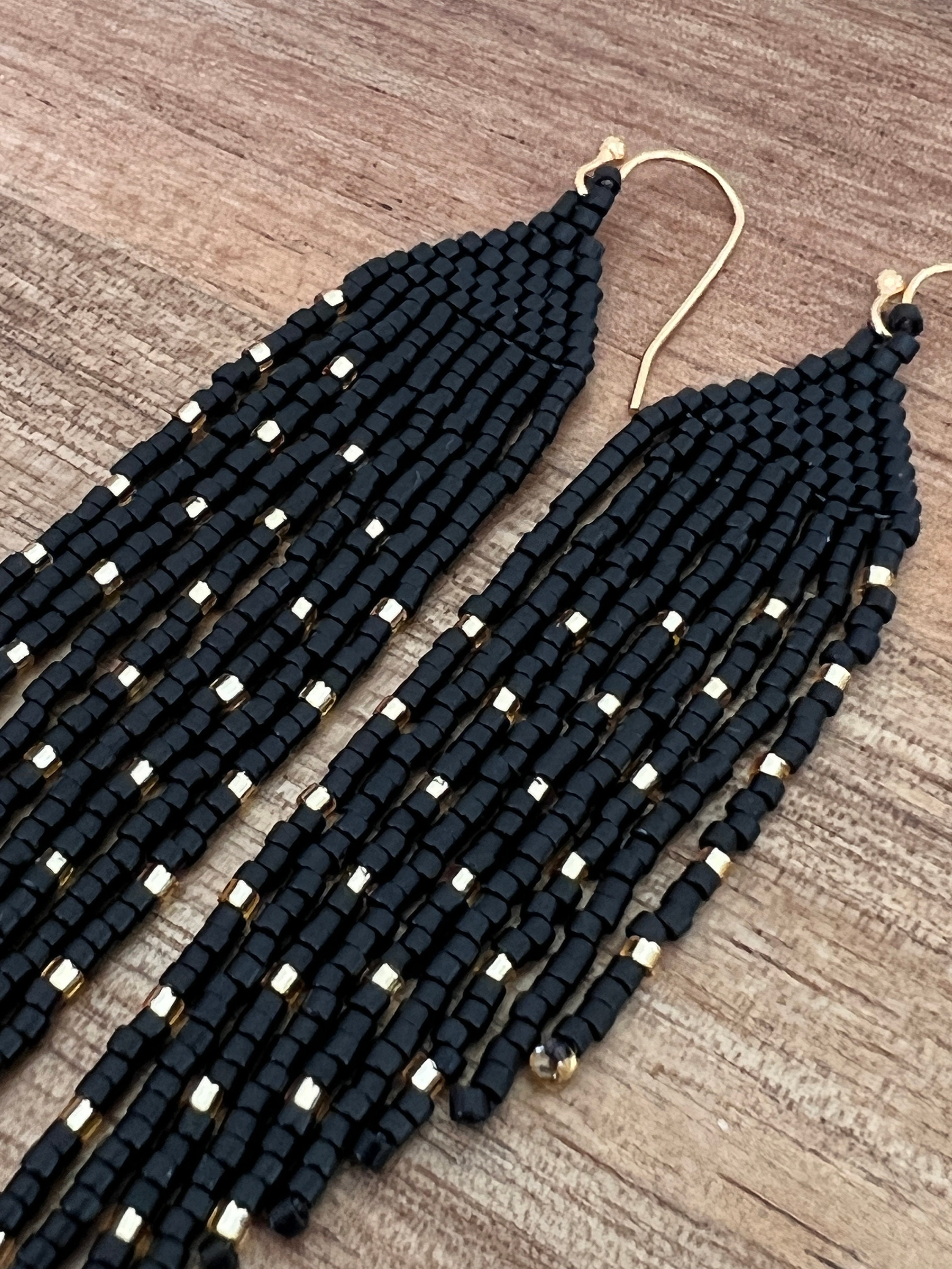 Matte Black and Gold Seed Bead Angled Dangle Fringe Earrings - 9 Cm ...