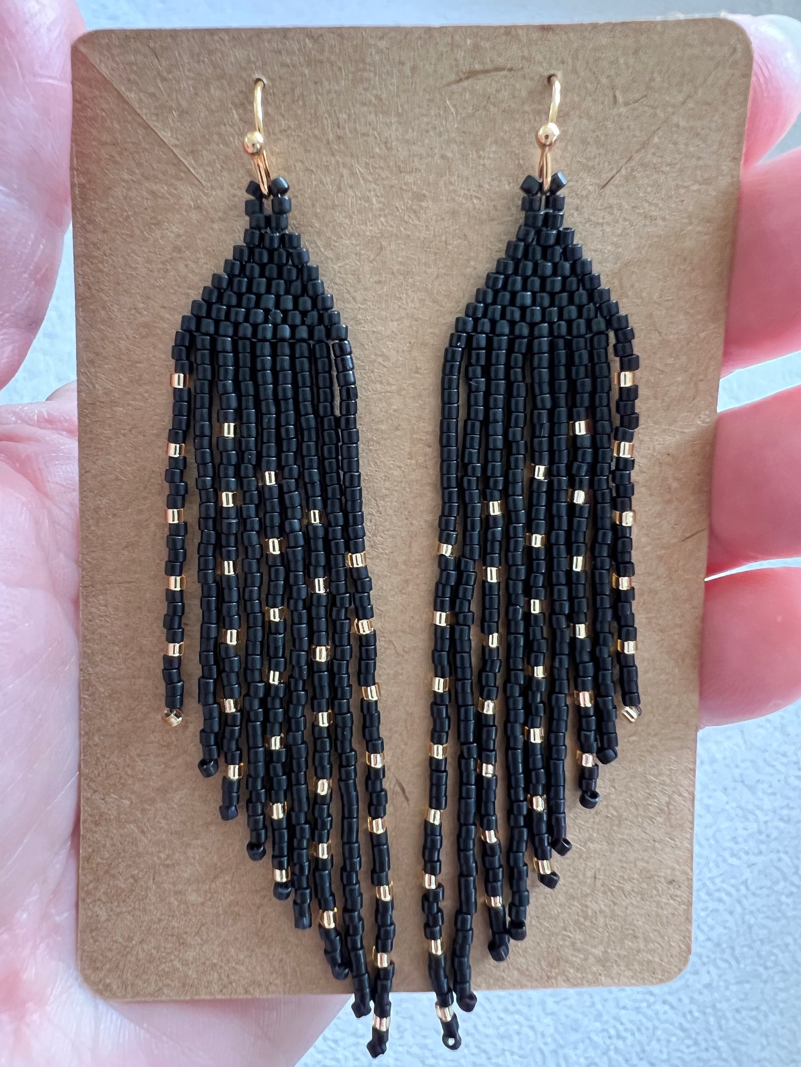 Matte Black and Gold Seed Bead Angled Dangle Fringe Earrings - Etsy