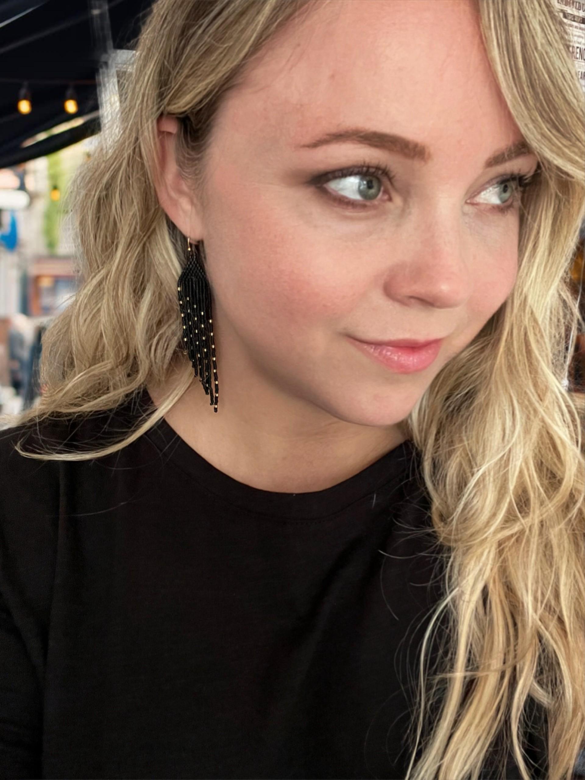 Matte Black and Gold Seed Bead Angled Dangle Fringe Earrings - 9 Cm ...