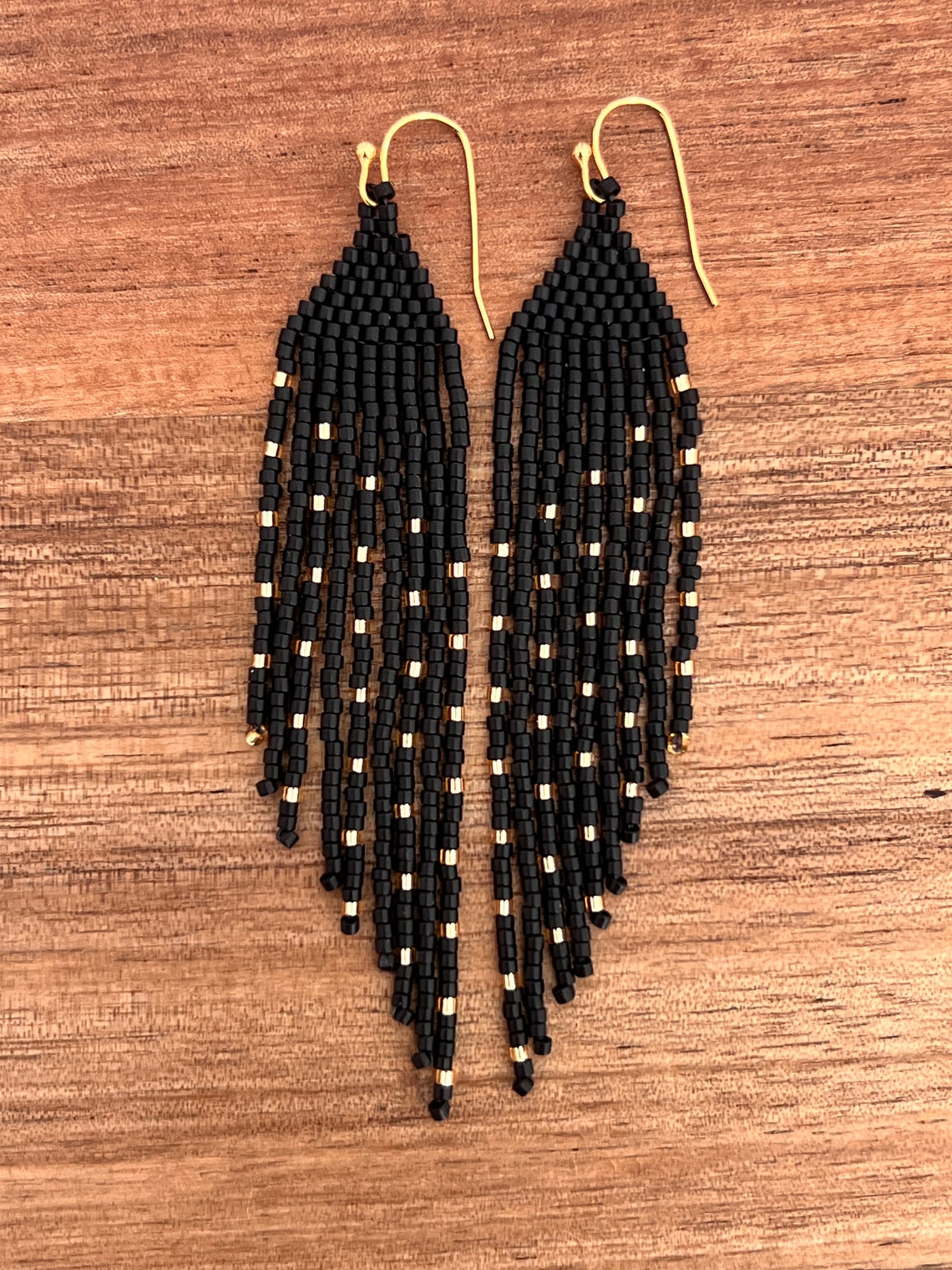 Matte Black and Gold Seed Bead Angled Dangle Fringe Earrings - Etsy