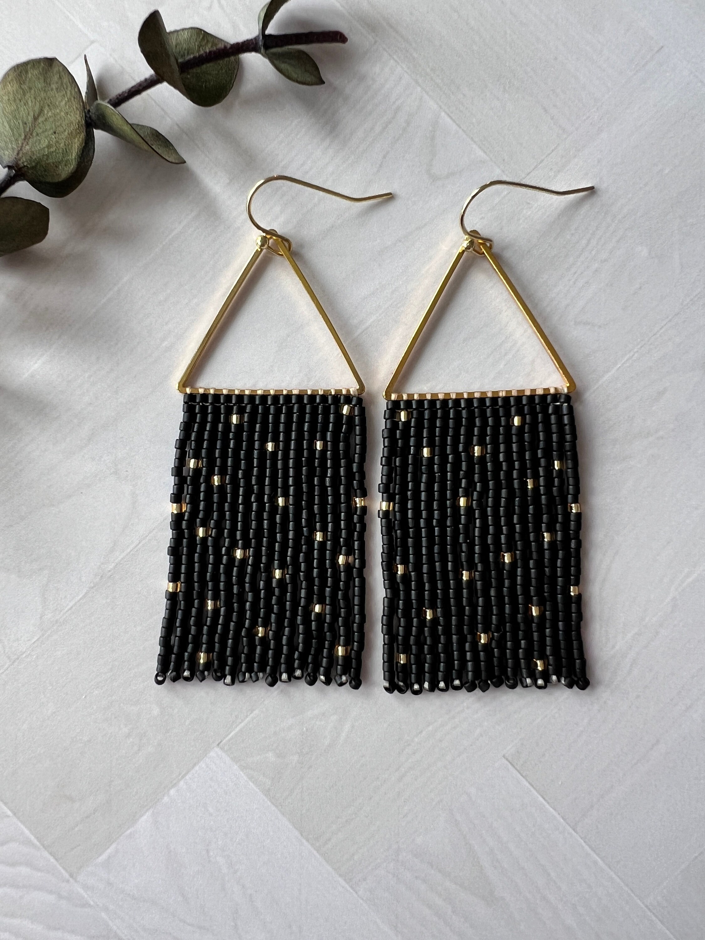 Black and Gold Seed Bead Dangle Fringe Earrings on Gold Plated Triangle ...