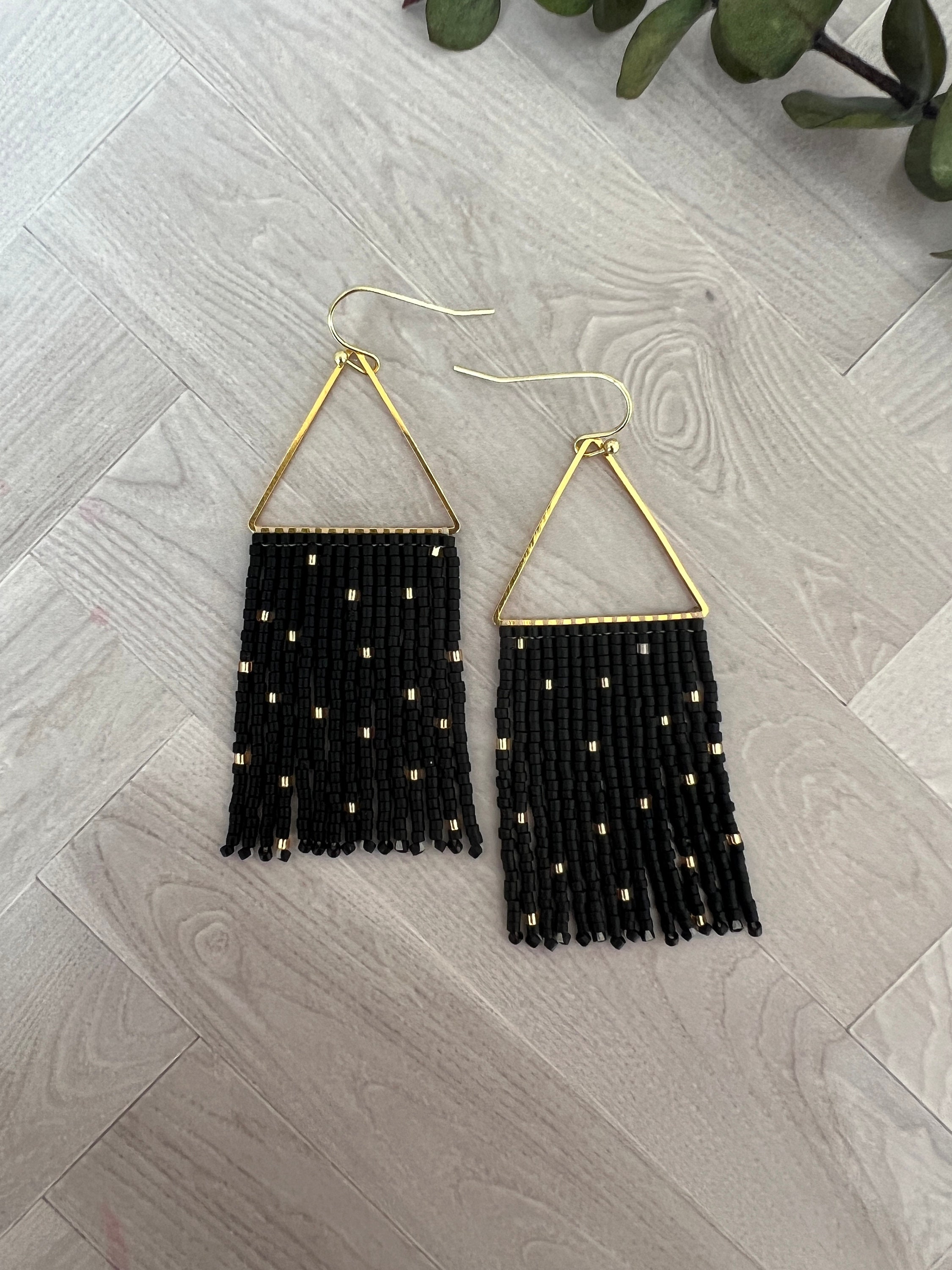 Black and Gold Seed Bead Dangle Fringe Earrings on Gold Plated Triangle ...