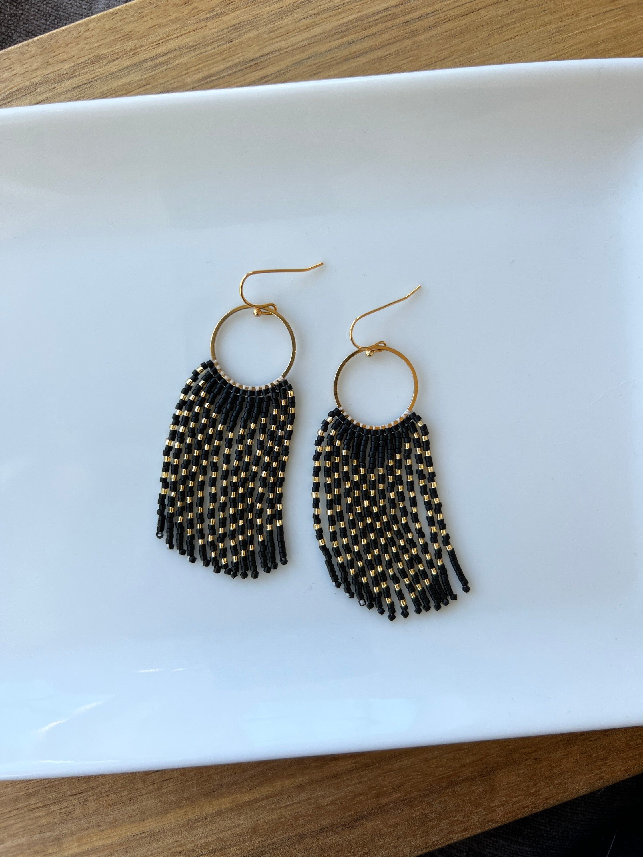 Matte Black and Gold Seed Bead Dangle Fringe Earrings on Gold Plated ...