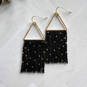 Black and Gold Seed Bead Dangle Fringe Earrings on Gold Plated Triangle ...