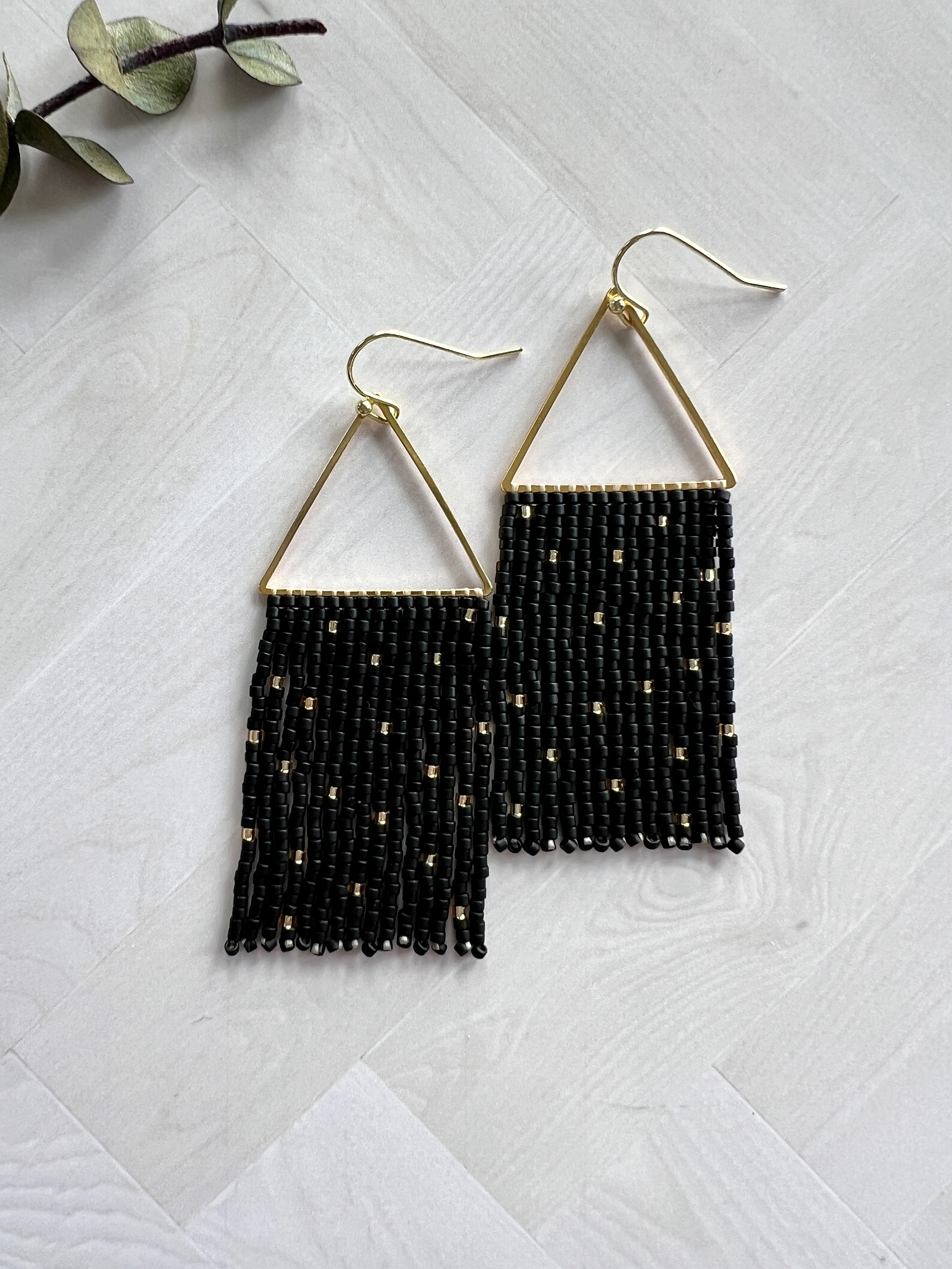 Black and Gold Seed Bead Dangle Fringe Earrings on Gold Plated Triangle ...