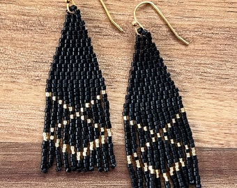 Matte Black and Gold Seed Bead Angled Dangle Fringe Earrings - Etsy
