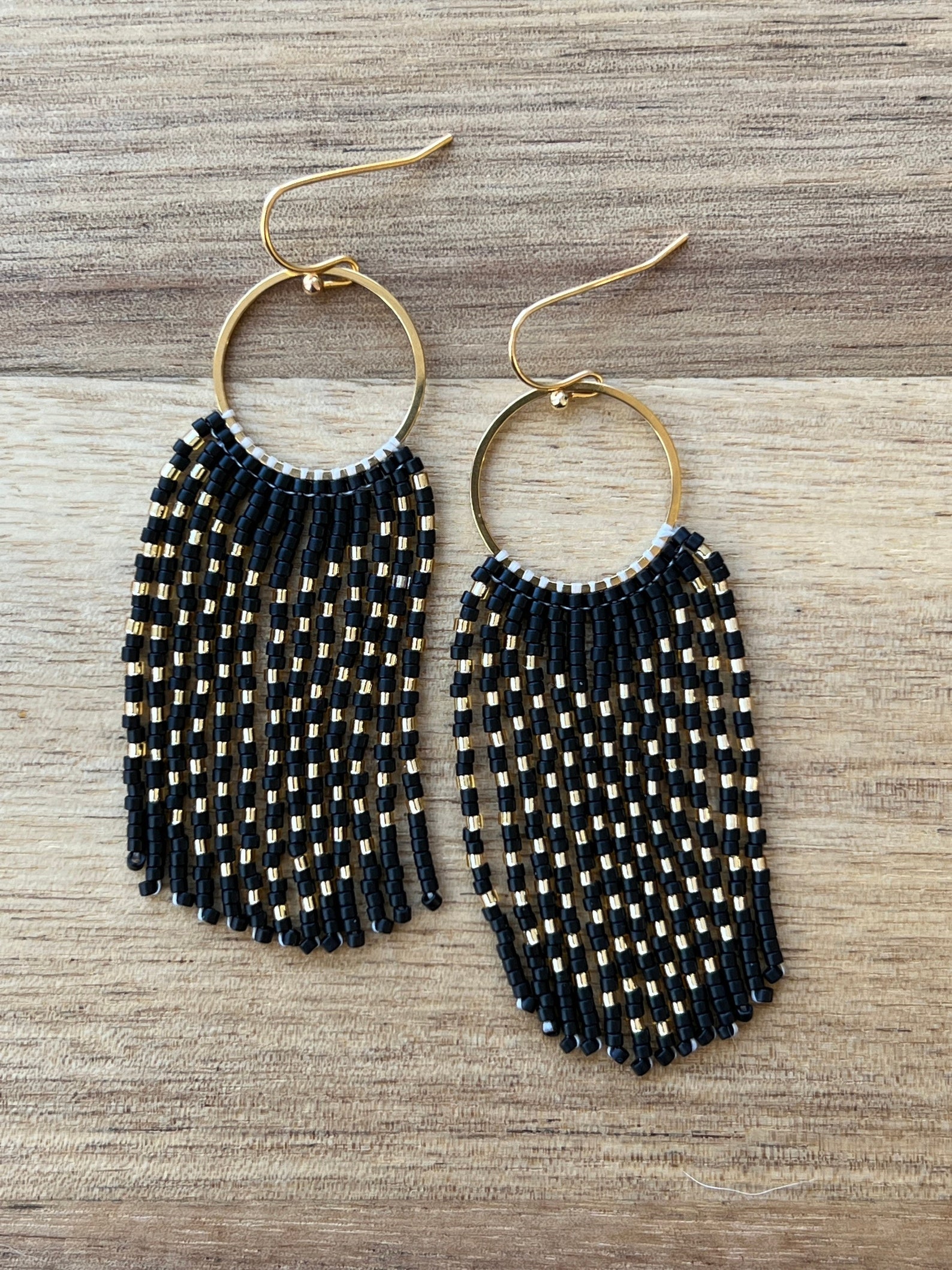 Matte Black and Gold Seed Bead Dangle Fringe Earrings on Gold Plated ...