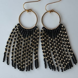 Matte Black and Gold Seed Bead Dangle Fringe Earrings on Gold Plated ...