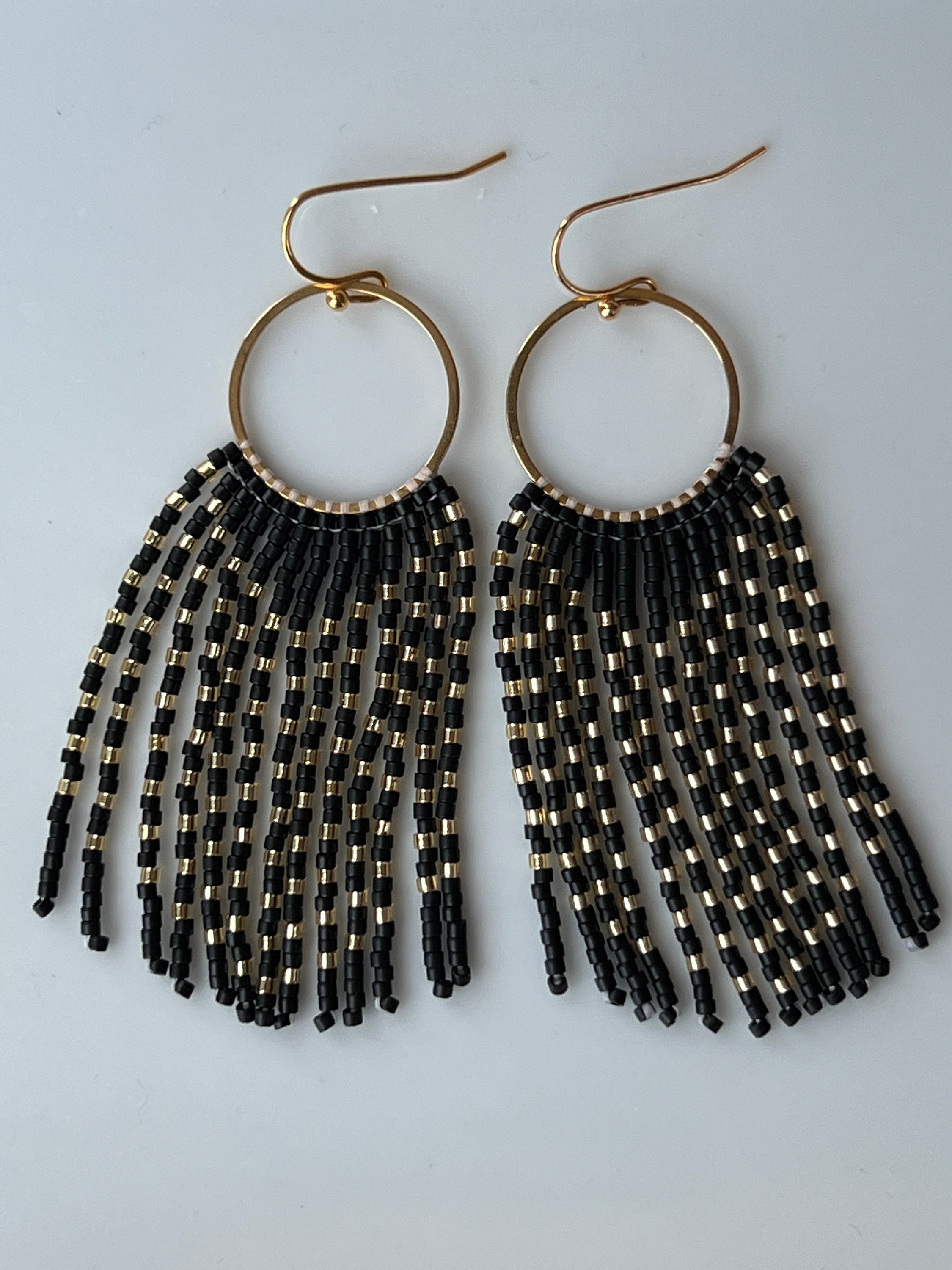 Matte Black and Gold Seed Bead Dangle Fringe Earrings on Gold Plated ...
