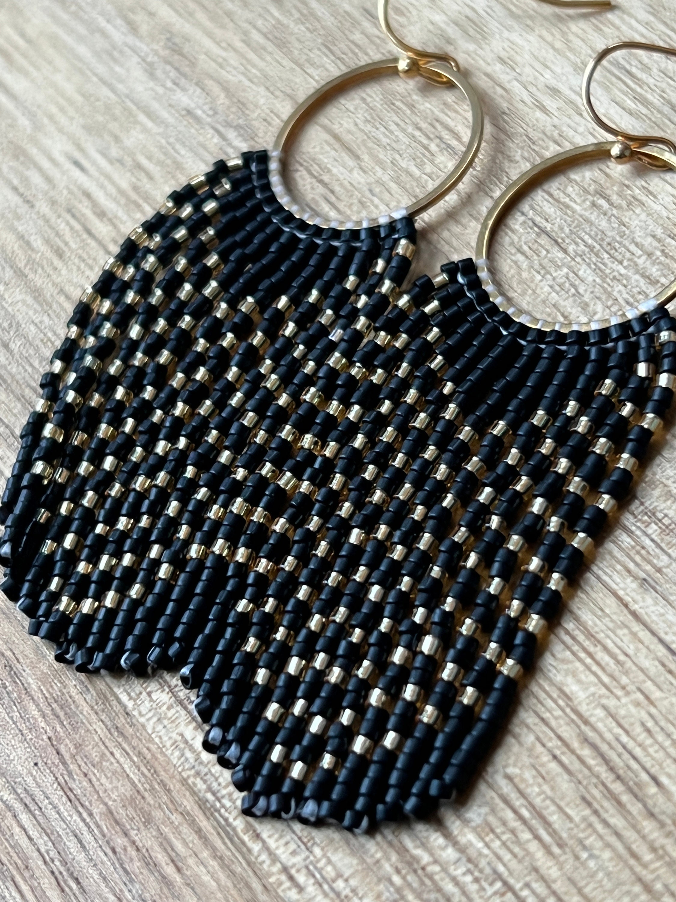 Matte Black and Gold Seed Bead Dangle Fringe Earrings on Gold Plated ...