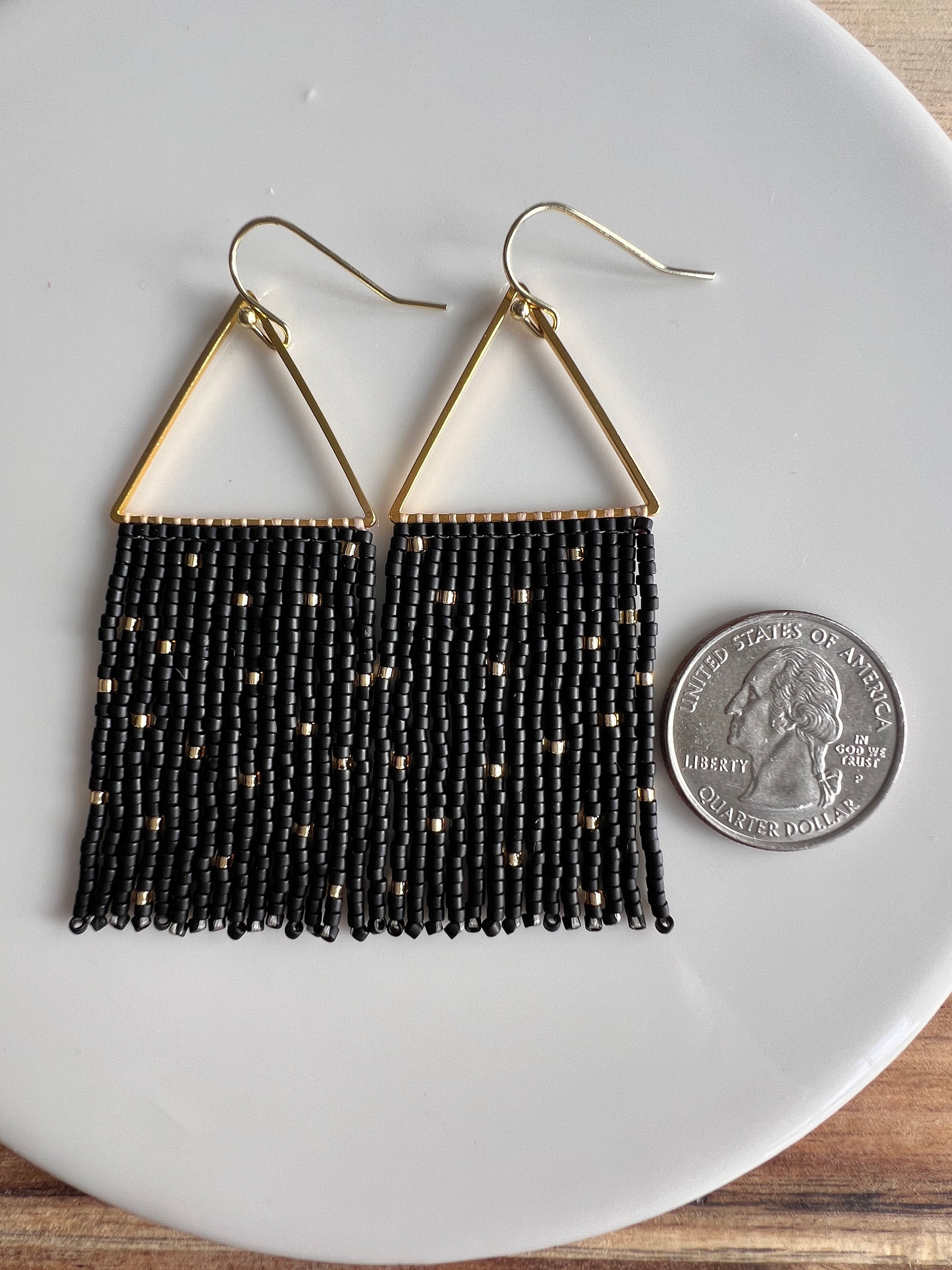 Black and Gold Seed Bead Dangle Fringe Earrings on Gold Plated Triangle ...
