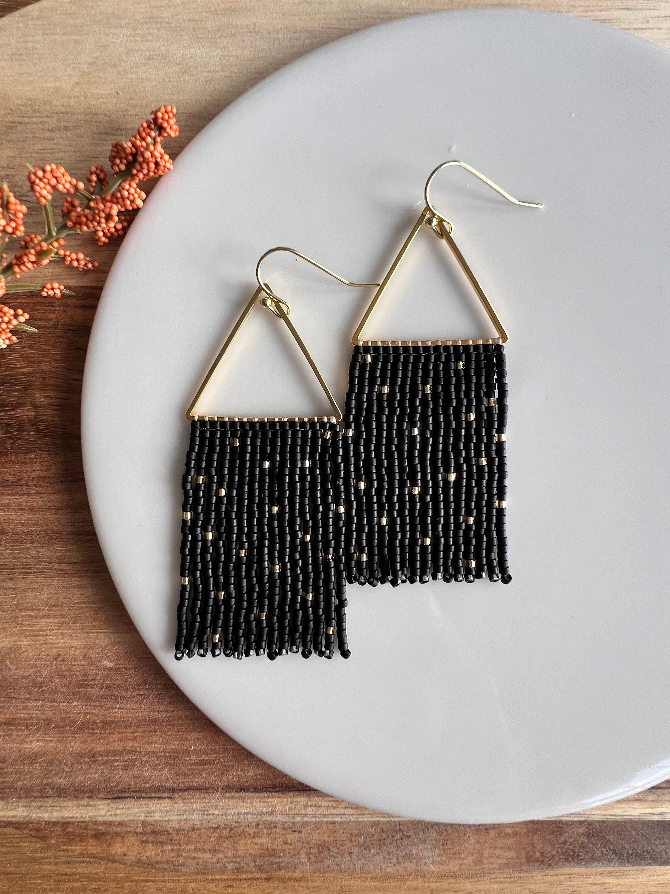 Black and Gold Seed Bead Dangle Fringe Earrings on Gold Plated Triangle ...