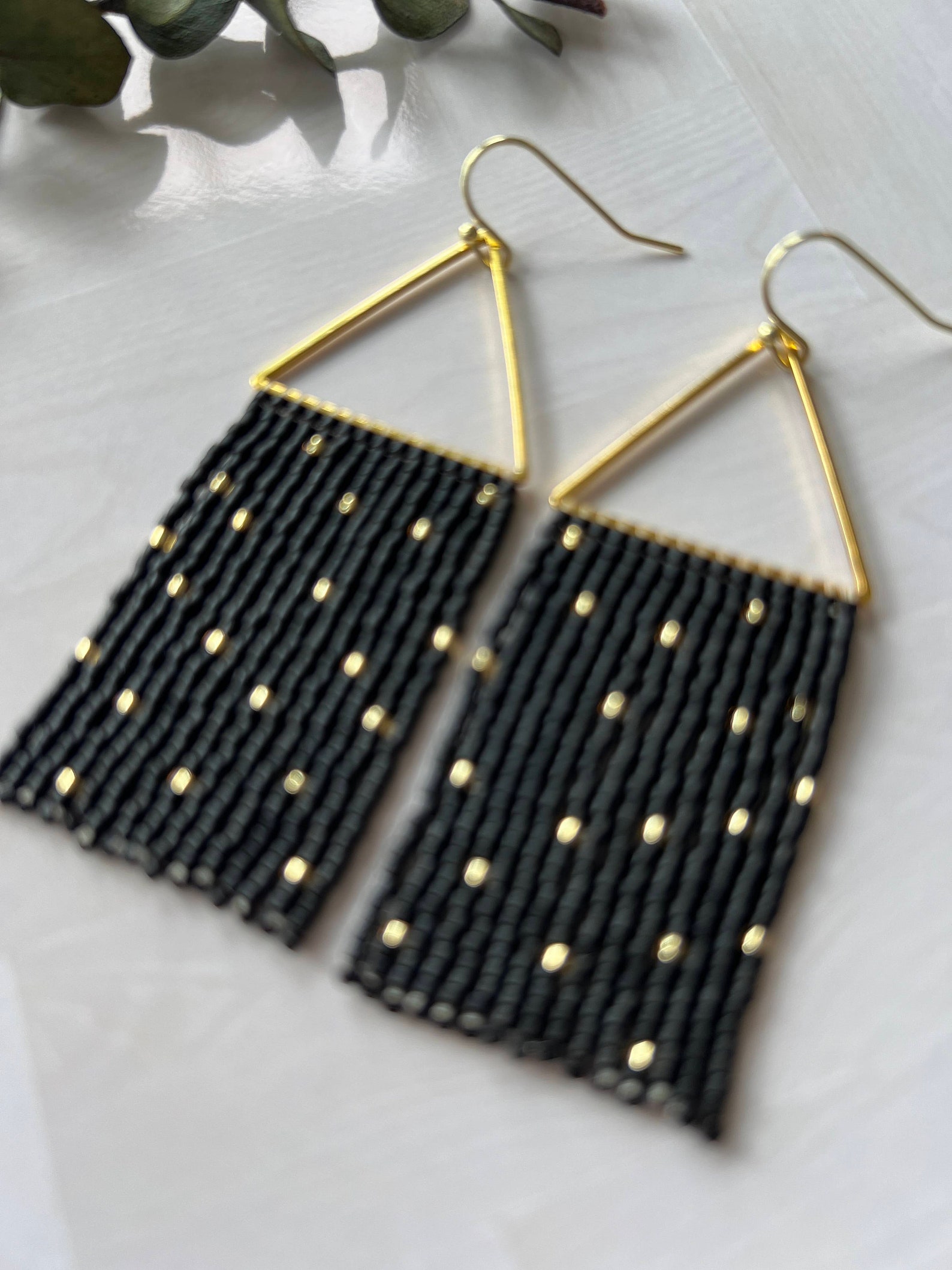 Black and Gold Seed Bead Dangle Fringe Earrings on Gold Plated Triangle ...