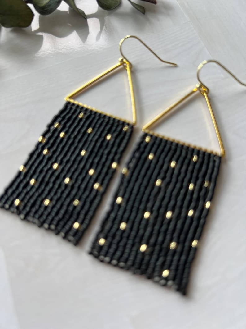 Black and Gold Seed Bead Dangle Fringe Earrings on Gold Plated Triangle ...