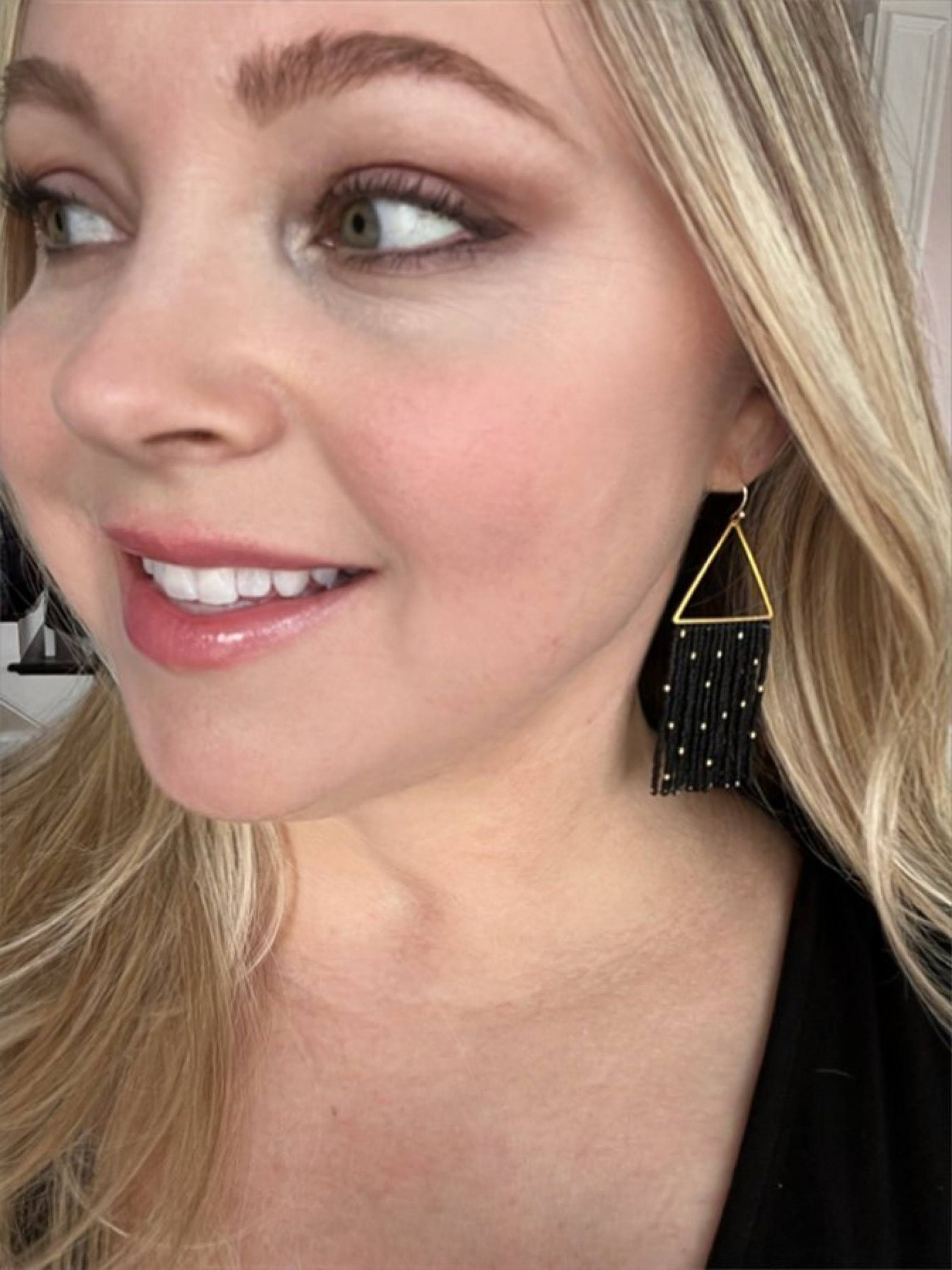 Black and Gold Seed Bead Dangle Fringe Earrings on Gold Plated Triangle ...