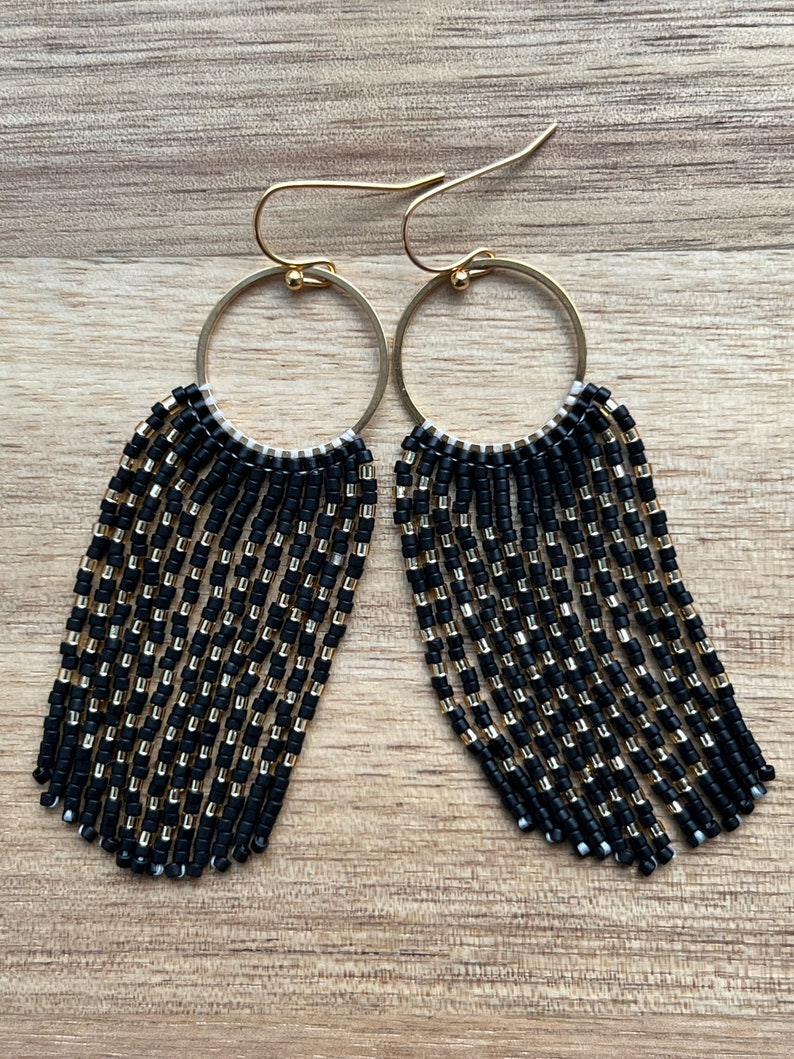 Matte Black and Gold Seed Bead Dangle Fringe Earrings on Gold Plated ...