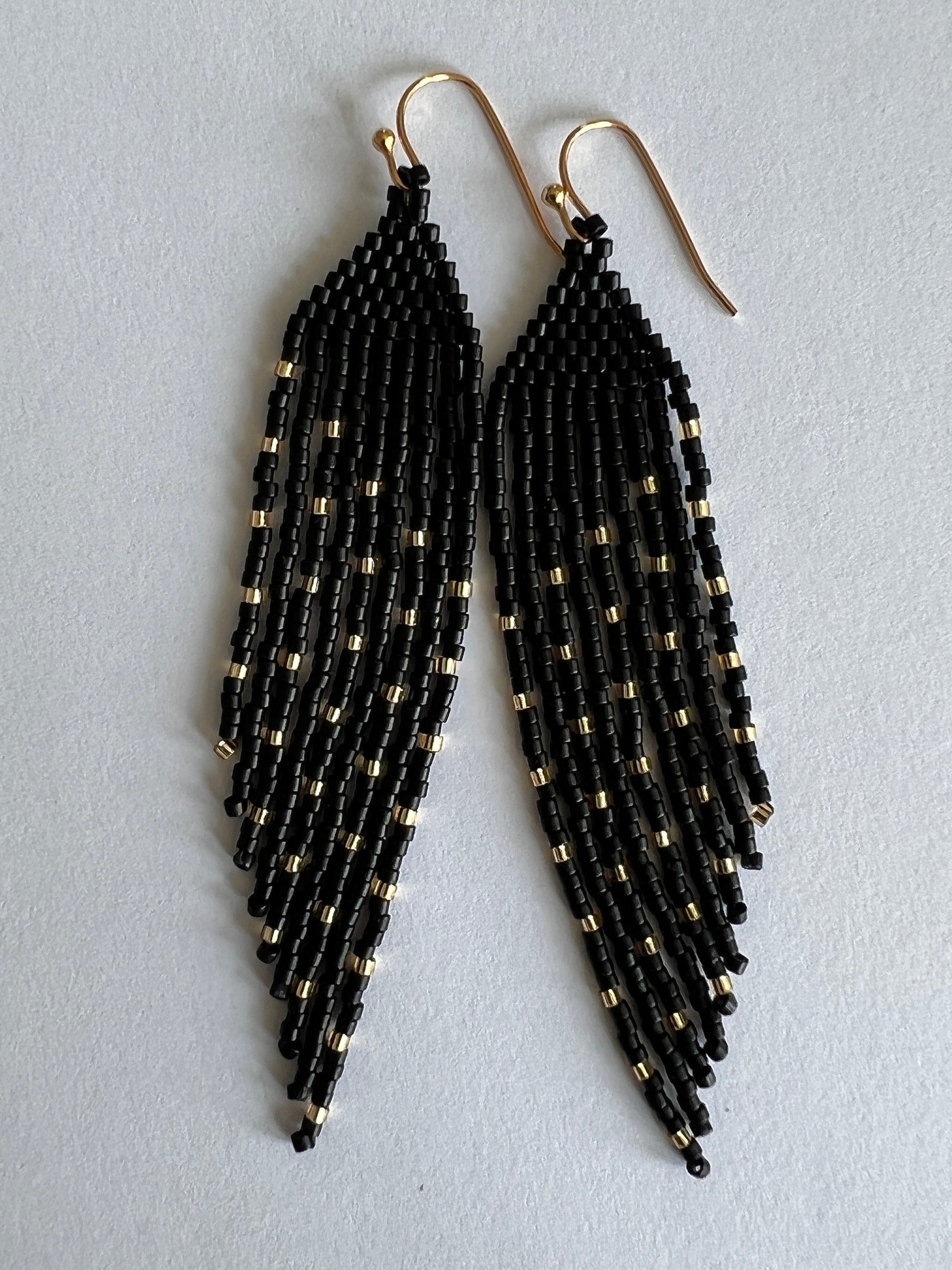 Matte Black and Gold Seed Bead Angled Dangle Fringe Earrings - 9 Cm ...
