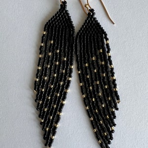 Matte Black and Gold Seed Bead Angled Dangle Fringe Earrings - 9 Cm ...