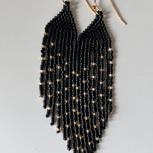 Matte Black and Gold Seed Bead Angled Dangle Fringe Earrings - 9 Cm ...