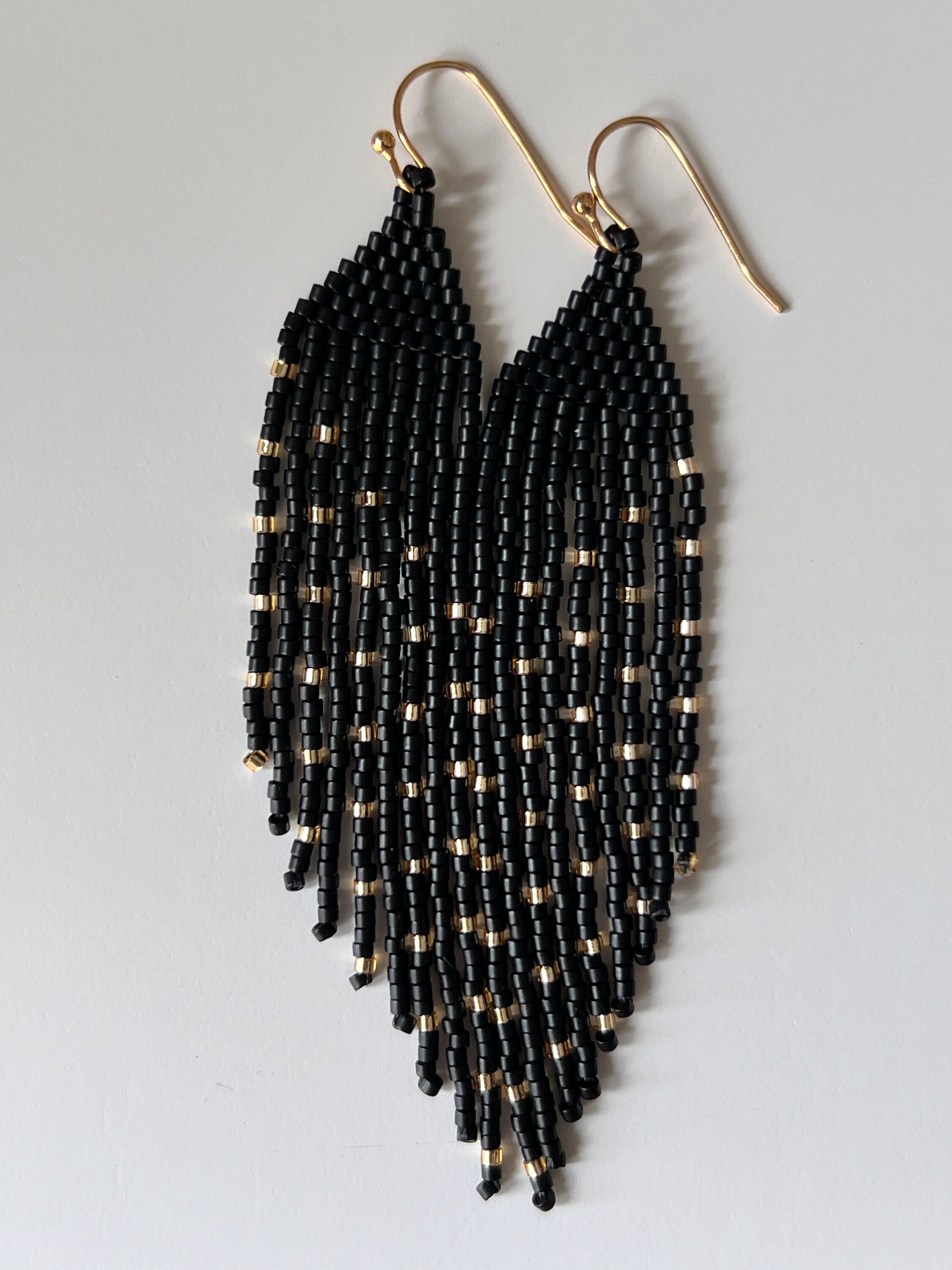 Matte Black and Gold Seed Bead Angled Dangle Fringe Earrings - 9 Cm ...