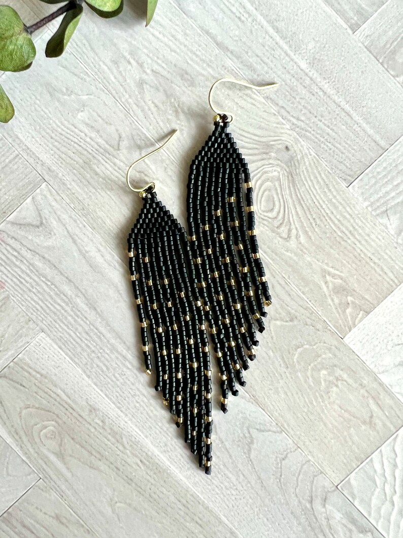 Matte Black and Gold Seed Bead Angled Dangle Fringe Earrings - 9 Cm ...