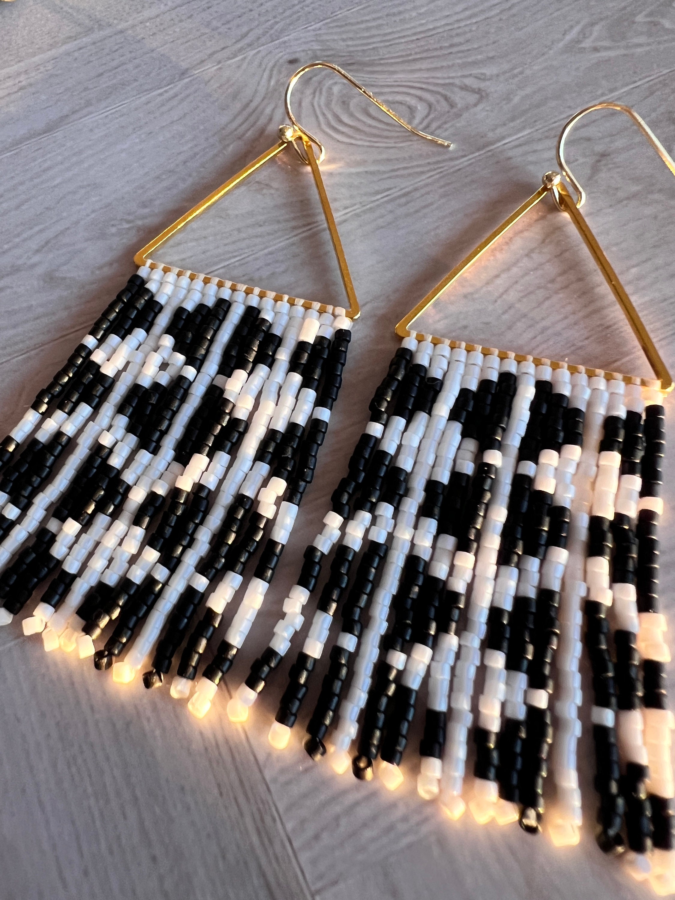 Black and White Seed Bead Dangle Fringe Earrings on Gold Plated ...