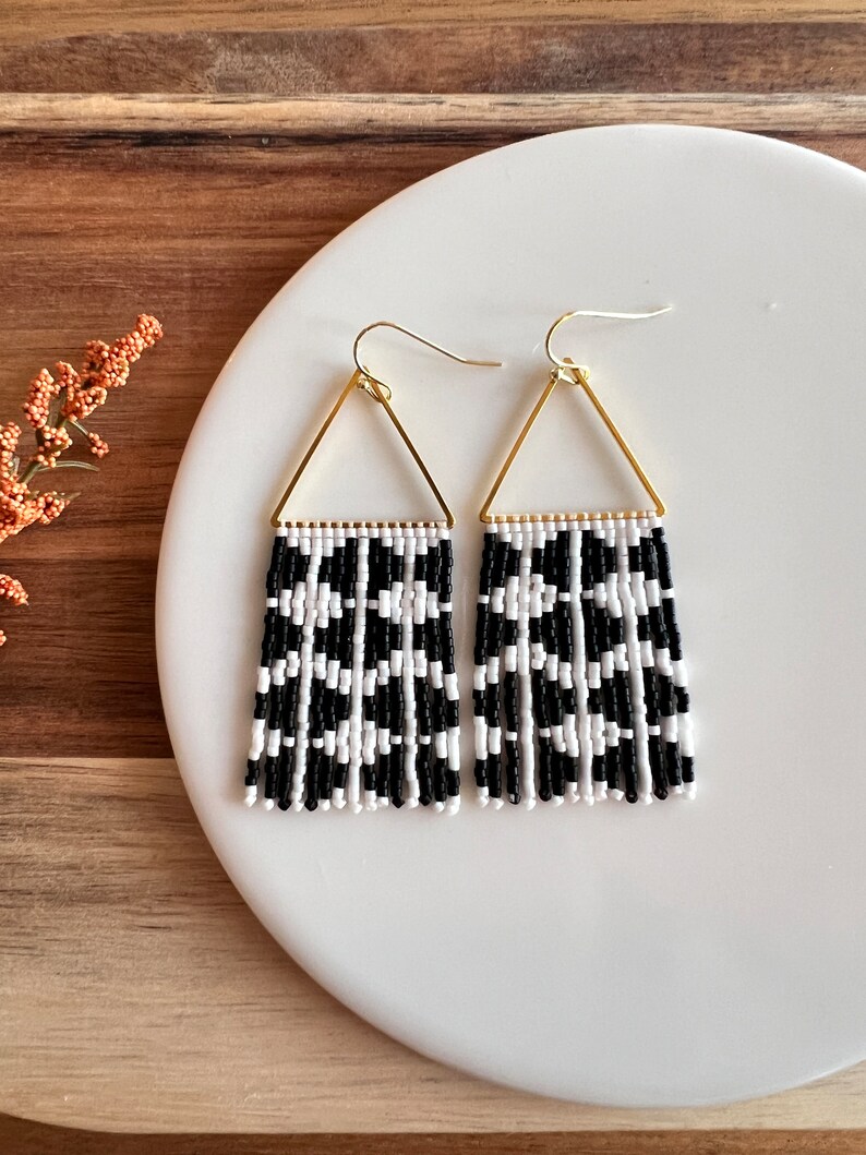 Black and White Seed Bead Dangle Fringe Earrings on Gold Plated ...