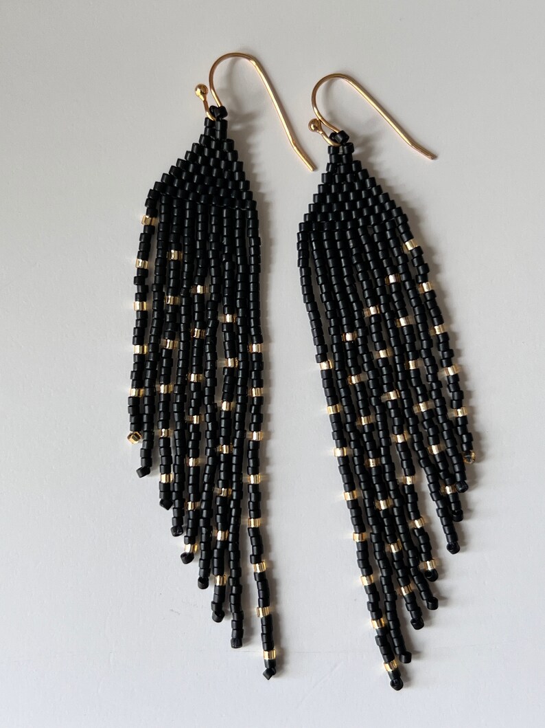 Matte Black and Gold Seed Bead Angled Dangle Fringe Earrings - Etsy