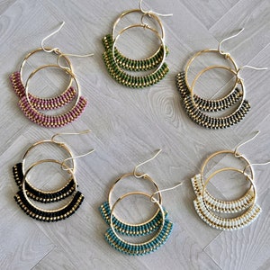 Woven Beaded Earrings on 14K Gold Plated Hoop (multiple colors available) - approx. 1.75 in. long - Miyuki Japanese Glass Delica Beads