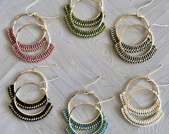 Woven Beaded Earrings on 14K Gold Plated Hoop (multiple colors available) - approx. 1.75 in. long - Miyuki Japanese Glass Delica Beads