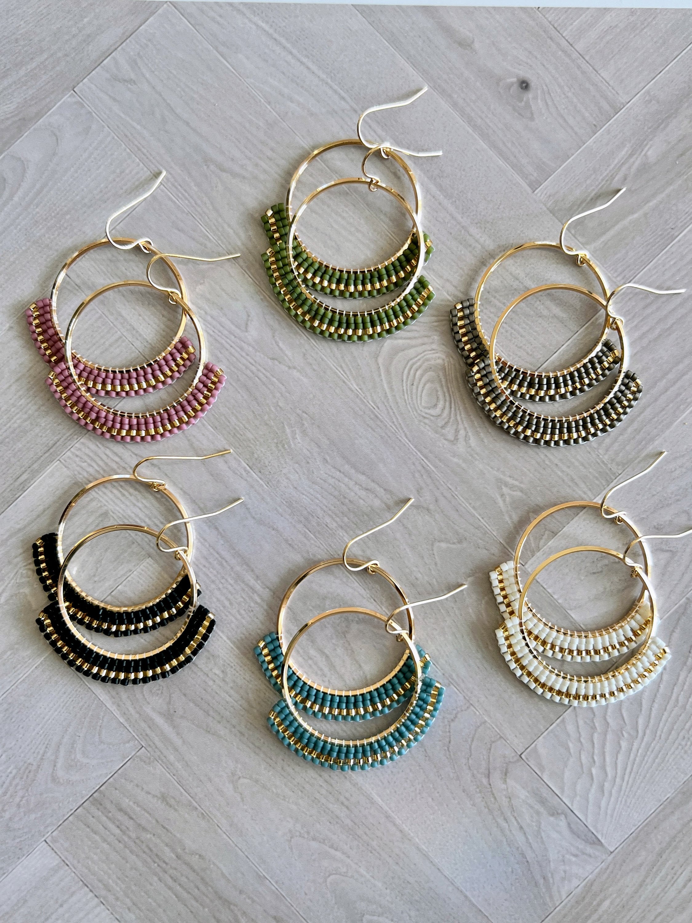 Woven Beaded Earrings on 14K Gold Plated Hoop (multiple colors available) - approx. 1.75 in. long - Miyuki Japanese Glass Delica Beads